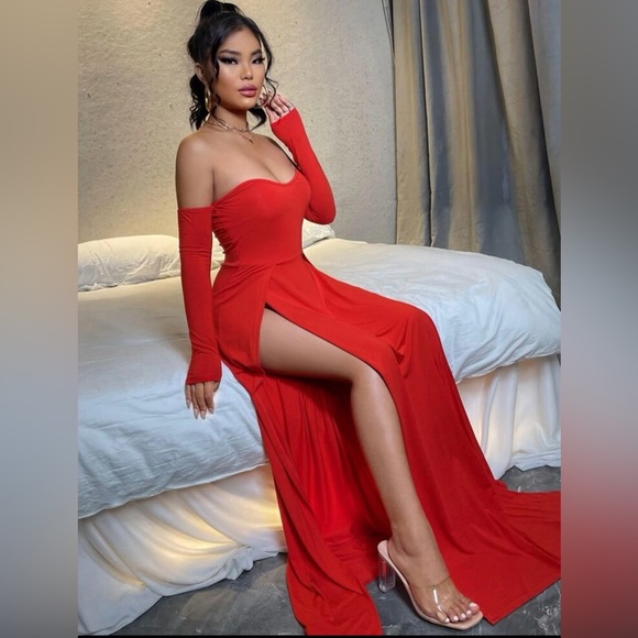 🎯🆕 Off Shoulder High Split Dress - Picture 4 of 12